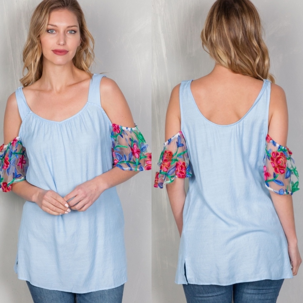💙Chambray Tunic Top with Floral Mesh Sleeves